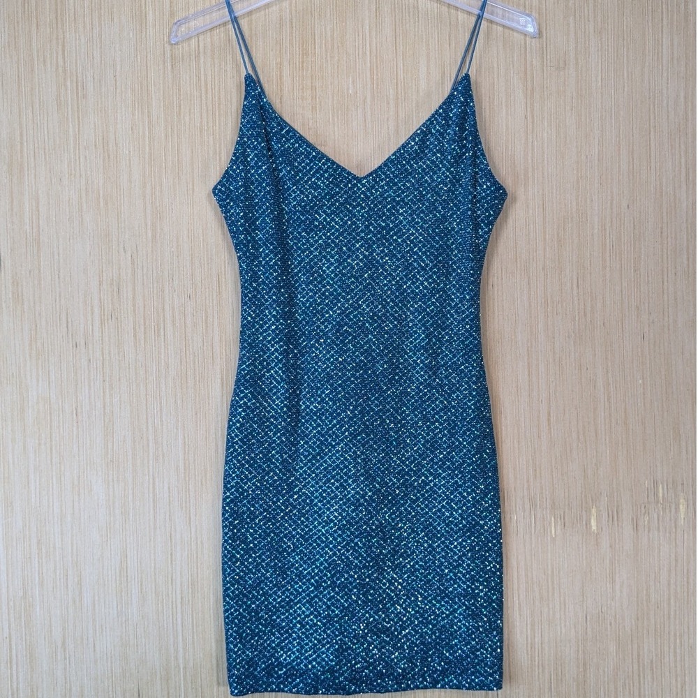 B.Darlin Women Glitter Metallic Bodycon Mini Dress Size 5/6 Teal Blue Party Glam